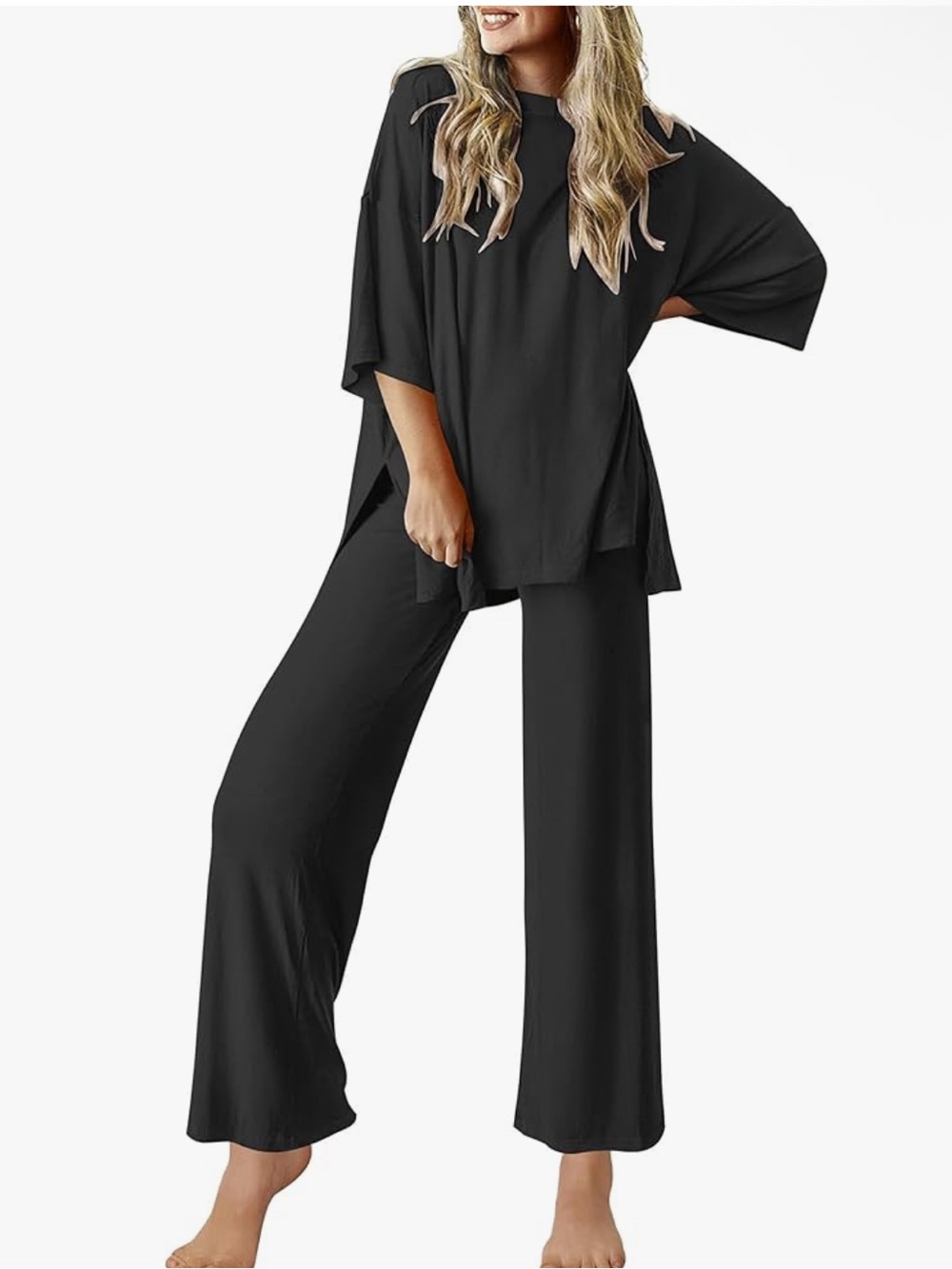 Black 2 Piece Lounge Set XL 16/18 Oversized Soft Wide Leg Pockets COMFY! NWT